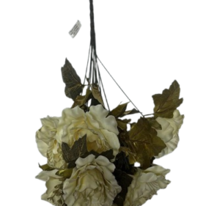 2676 ( Artificial Cream White Rose Flower Bunch with Golden Decorative Leaves )
