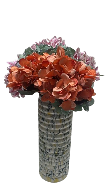 Artificial Hydrangea Flower Bouquet in Rust Orange, Pink & Green with Designer Ceramic Vase - Image 2