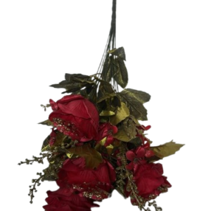 3637 ( Burgundy Red Artificial Rose Flower Hanging Bunch with Green Leaves and Decorative Foliage )