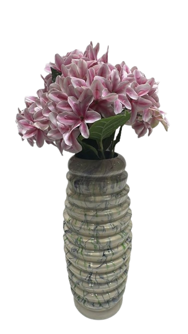 376 ( Artificial Pink Hydrangea Flower Bouquet in Decorative Grey Marble-Effect Ribbed Vase ) - Image 2