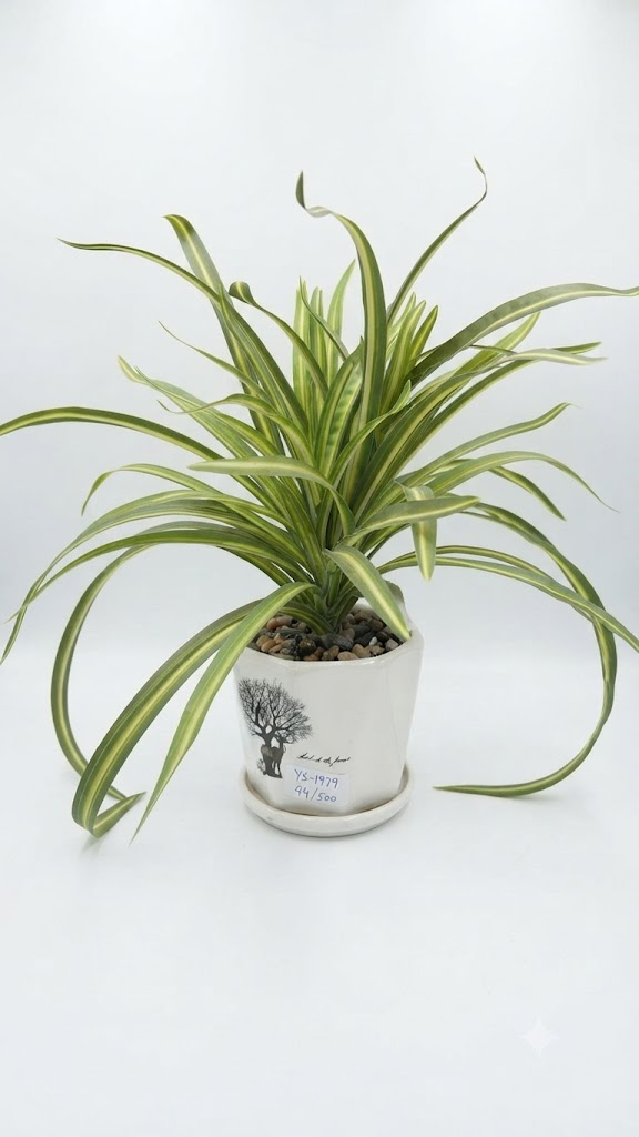 4003 ( Artificial Green and Yellow Variegated Leaf Plant in White Decorative Ceramic Pot )