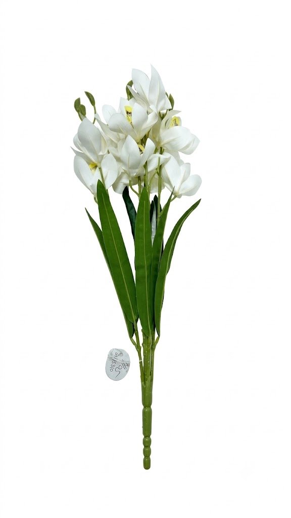 4105 ( White Artificial Orchid Flower Stem with Green Leaves )