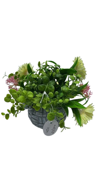 4501 ( Artificial Green Foliage Plant with Cream and Pink Decorative Flowers in Textured Grey Pot )