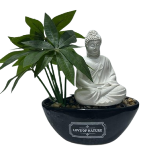 5595 ( Artificial Green Money Plant with White Buddha Idol in Black Decorative Bowl )