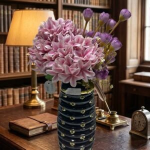 1015 ( Premium Artificial Pink & Purple Flower Bouquet with Black and Golden Designer Vase )