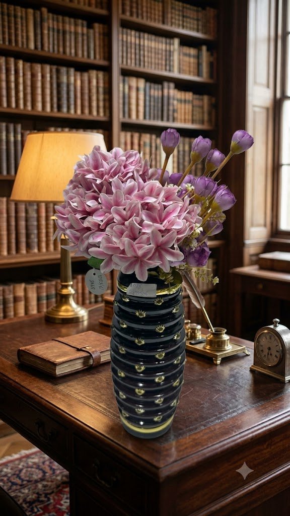 1015 ( Premium Artificial Pink & Purple Flower Bouquet with Black and Golden Designer Vase )