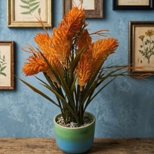 Premium Orange Artificial Foxtail Grass Plant in Two-Tone Ceramic Pot