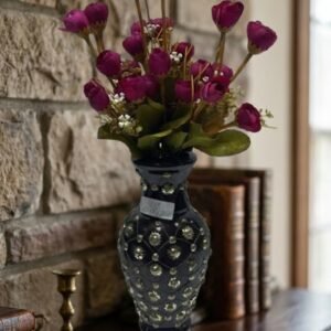 Elegant Artificial Burgundy Rose Bud Bouquet with Black & Gold Luxury Designer Vase