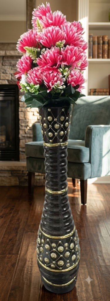 1024 ( Premium Artificial Pink Chrysanthemum Flower Bouquet with Luxury Black & Gold Designer Floor Vase )