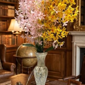 423 ( Elegant Artificial Pink & Yellow Flower Bouquet with Designer Marble-Pattern Decorative Vase )