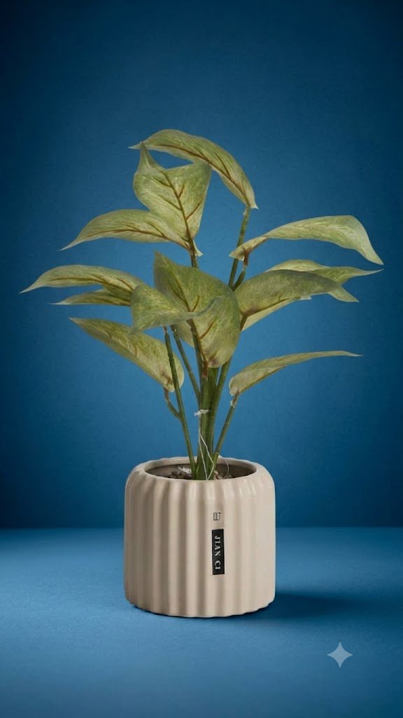 00293 ( Artificial Green Decorative Plant in Ribbed Ceramic Pot )