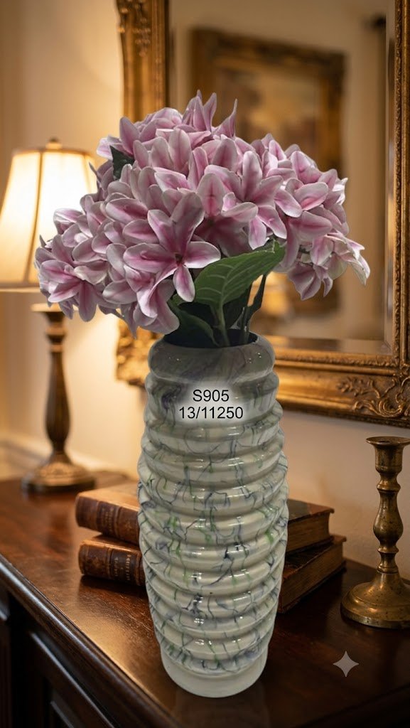 376 ( Artificial Pink Hydrangea Flower Bouquet in Decorative Grey Marble-Effect Ribbed Vase )