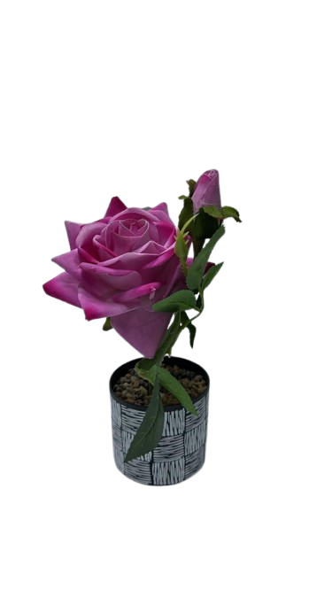 AR2005 ( Premium Artificial Purple Rose with Decorative Black & White Pot )