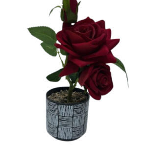 AR2005  ( Artificial Burgundy Red Rose Flower Arrangement in Decorative Black Pot )