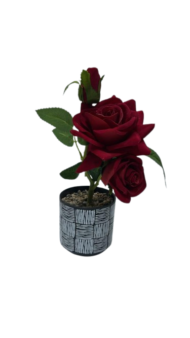 AR2005 ( Artificial Burgundy Red Rose Flower Arrangement in Decorative Black Pot )