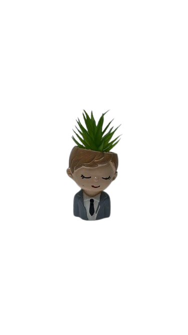 AR2016 ( Cute Boy Face Planter with Artificial Green Succulent Plant )