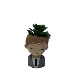 AR2016 ( Cute Boy Face Planter with Artificial Green Succulent in Grey Suit Design )