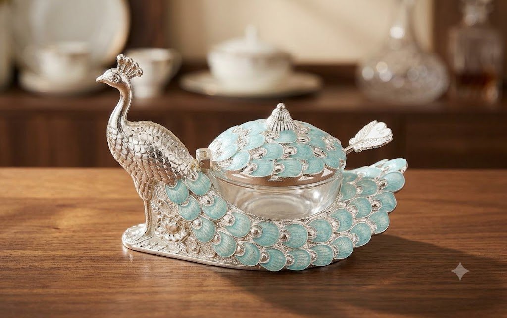 AR3835 ( Premium Silver Peacock Decorative Bowl with Turquoise Enamel Detailing ) PcsCtn/- 72