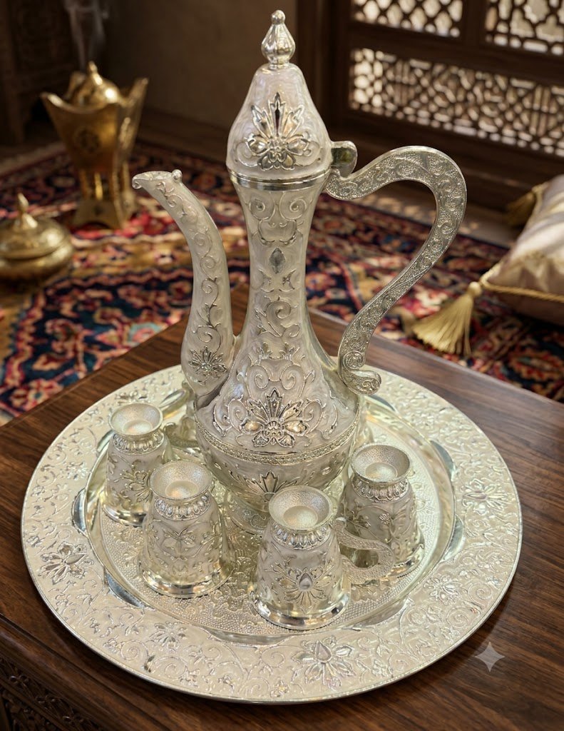 AR3843 ( Premium Silver Royal Tea Set with Ornate Tray and Decorative Cups ) PcsCtn/-20