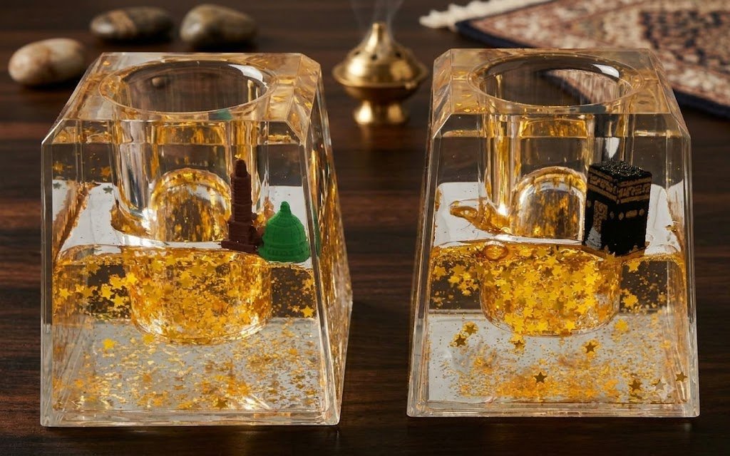 AR4197 ( Premium Golden Islamic Kaaba & Mosque Design Transparent Decorative Tealight )PcsCtn/- 72