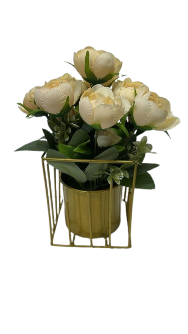 BB4461 ( Cream White Rose Flower Arrangement in Golden Decorative Metal Stand )