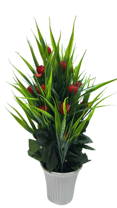 Big Fancy Artificial Red Rose Buds & Green Grass Plant Arrangement in White Vase
