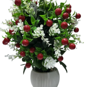 Artificial Cherry Berry Decorative Plant with White Flowers and Grey Ribbed Pot