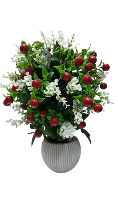 Artificial Cherry Berry Decorative Plant with White Flowers and Grey Ribbed Pot