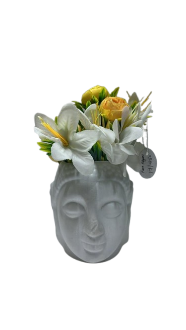 Artificial White Lily and Yellow Rose Flower Arrangement in Grey Buddha Face Planter