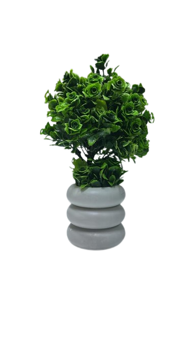 ( Artificial Green Rose Flower Plant in Elegant Grey Decorative Pot )