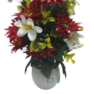 Jabra Melon  ( Premium Artificial Red Dahlia & White Lily Flower Arrangement in Decorative White Vase )