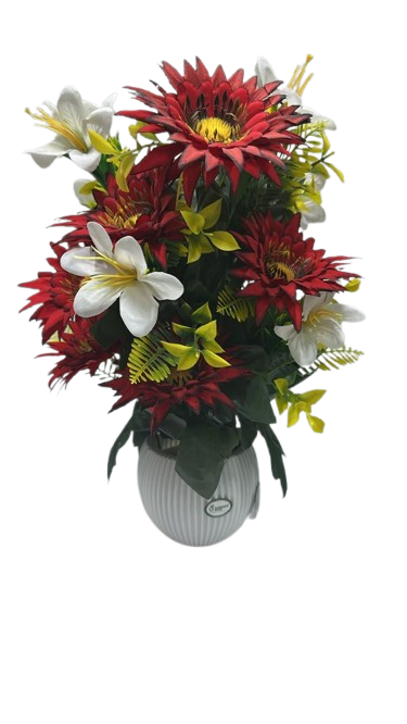 Jabra Melon ( Premium Artificial Red Dahlia & White Lily Flower Arrangement in Decorative White Vase )