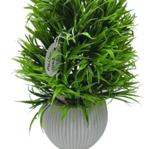 ( Artificial Green Melon Grass Plant in Decorative Ribbed Grey Pot )