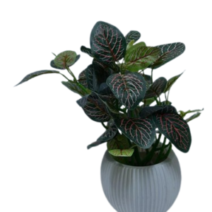 Melon Patta ( Artificial Green Melon Patta Plant with Red Veins in Decorative Ribbed Grey Pot )
