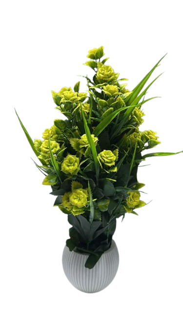 Artificial Lime Green Rose Flower Arrangement with Decorative Green Foliage in White Ribbed Pot