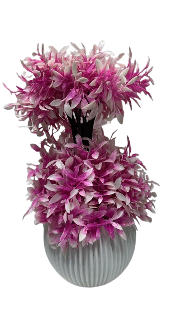 Artificial Pink and White Melon Filler Plant in Decorative Ribbed Grey Pot
