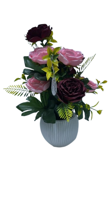 Elegant Pink & Burgundy Rose Floral Arrangement in Ribbed Grey Vase