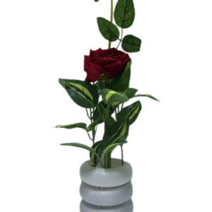 Premium Artificial Red Rose Plant with Decorative Green Foliage and Grey Vase