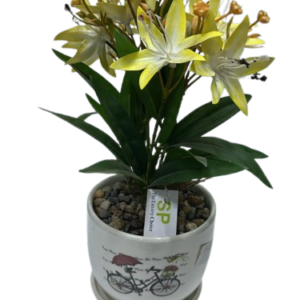 SP2441 ( Artificial Yellow Lily Flower Arrangement in White Decorative Pot )