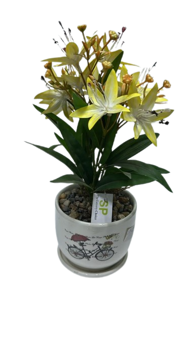 SP2441 ( Artificial Yellow Lily Flower Arrangement in White Decorative Pot )