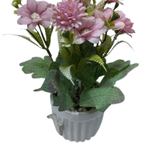 Artificial Pink Floral Arrangement with Green Foliage in Grey Ribbed Pot
