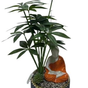 Decorative Meditating Buddha Planter with Artificial Green Bamboo Plant