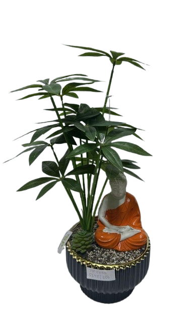Decorative Meditating Buddha Planter with Artificial Green Bamboo Plant