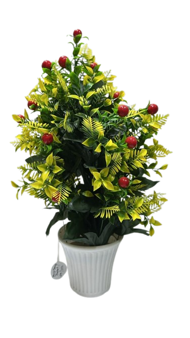 Premium Artificial Green and Yellow Foliage Arrangement with Red Decorative Berries in White Vase