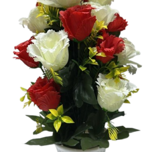 Premium Artificial Red and White Rose Floral Arrangement in Decorative White Vase