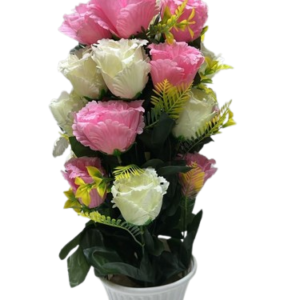 Premium Artificial Pink and White Rose Floral Arrangement in Decorative White Vase