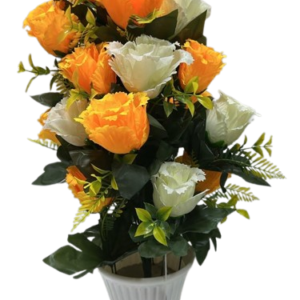 Premium Artificial Orange and White Rose Floral Arrangement in Decorative White Vase