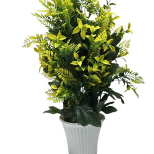 Premium Artificial Green and Yellow Foliage Plant Arrangement in Decorative White Vase