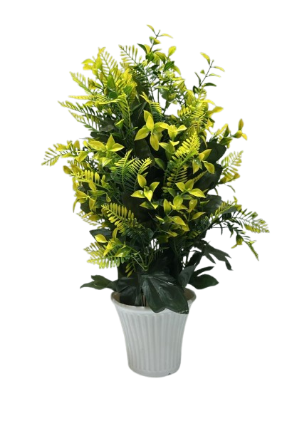 Premium Artificial Green and Yellow Foliage Plant Arrangement in Decorative White Vase