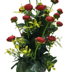 Premium Artificial Red Rose Bud Floral Arrangement with Green Foliage in Decorative White Vase